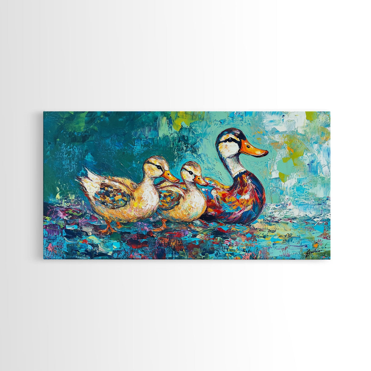 Duck Family, bird art, whimsical art, teal wall art, gift idea for her, landscape painting, extra wide art, Framed Canvas Print