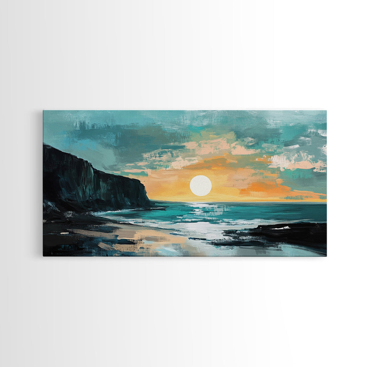 Sunset Cliffs, nautical wall art, coastal painting, surf wall art, panoramic art, above couch art, boho art, Framed Canvas Print