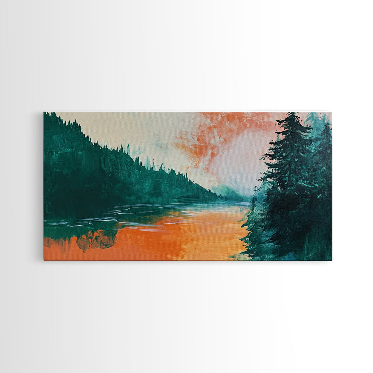Forest Lake, pine tree art, landscape painting, rustic wall art, autumn painting, extra wide art, wabi sabi art, Framed Canvas Print
