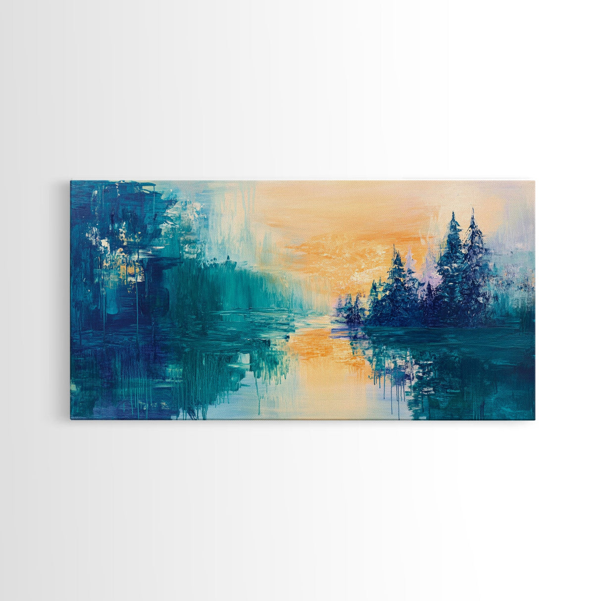 Twilight Reflection, mountain painting, sunset painting, extra wide art, horizontal wall art, Canvas Print, rustic wall art