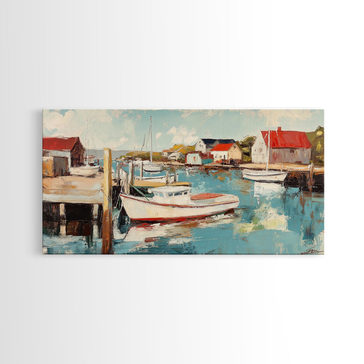Harbor Boats, Nantucket painting, coastal painting, nautical wall art, fisherman painting, framed canvas print, extra wide art