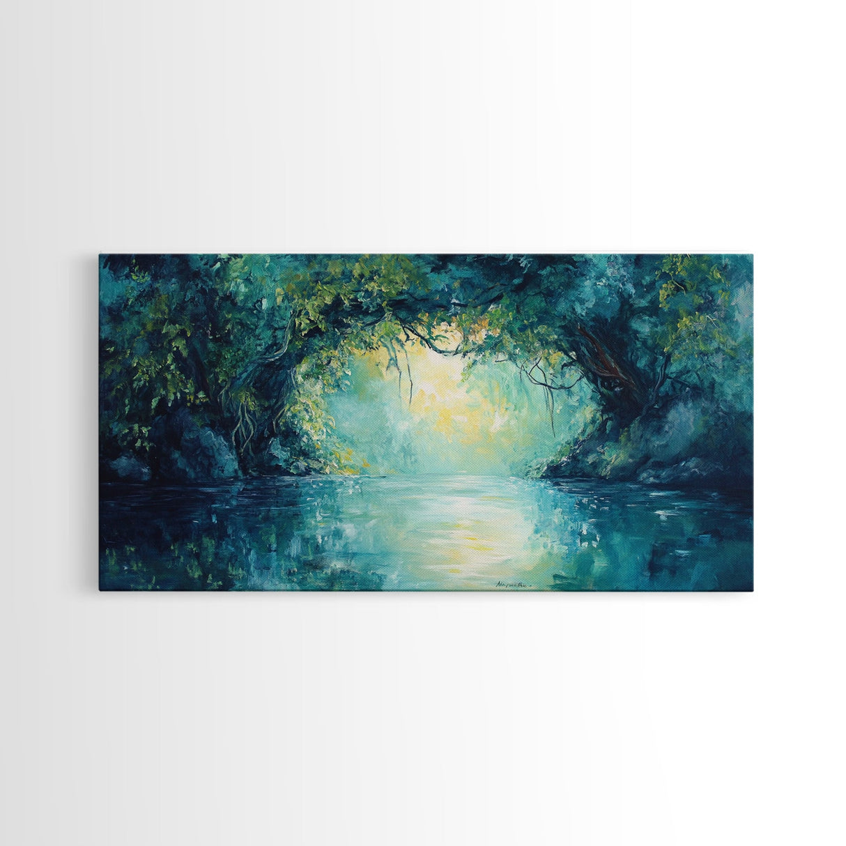 Mystical River, Framed Canvas Print, landscape painting, moody art, forest at dusk painting, teal wall art, extra wide art