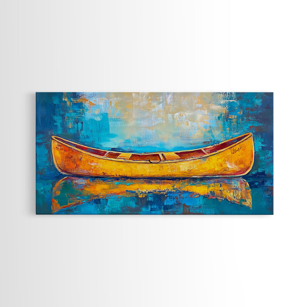 Golden Canoe, Framed Canvas Print, fisherman painting, lake Tahoe art, rustic decor, nautical decor, extra wide art, landscape painting