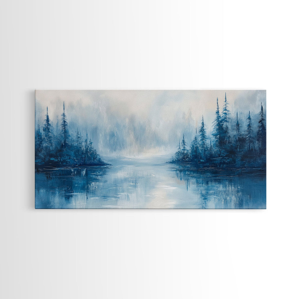 Misty Lake Scene, Moody Art, Pine Tree Art, Landscape Painting, Framed Canvas Print, Bedroom Art, Above Bed Wall Art