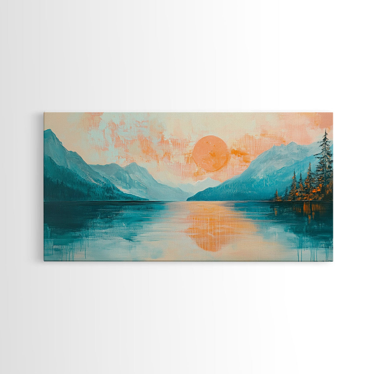 Sunset Lake, lake Tahoe art, framed canvas print, pink orange wall art, horizontal wall art, seascape painting, coastal decor