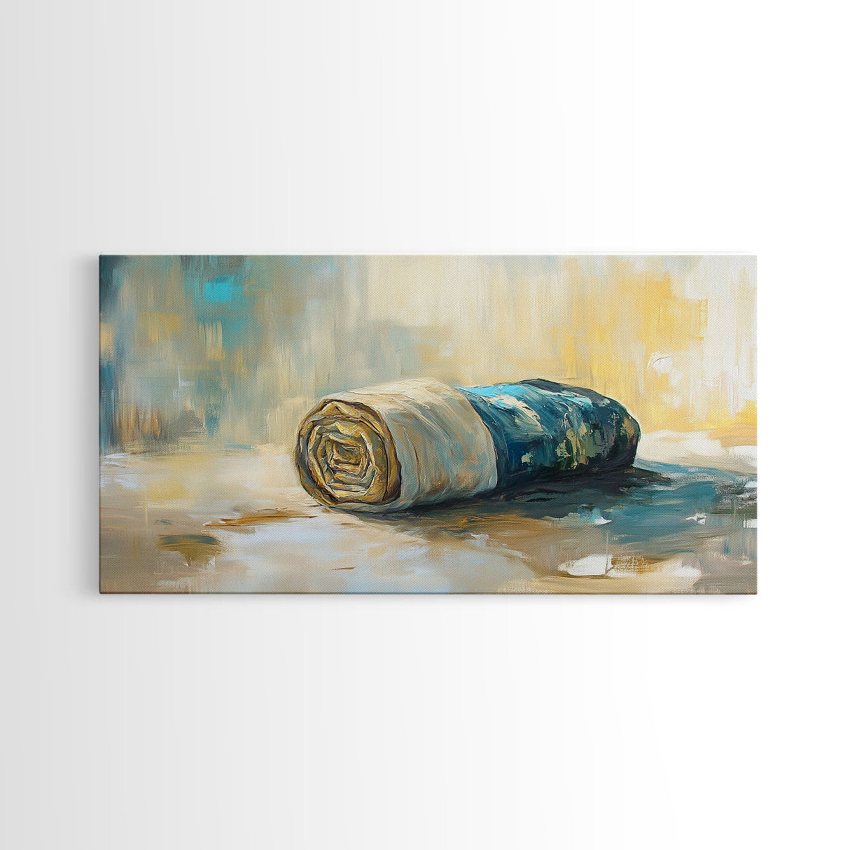 Rolled fabric, oil painting from photo, rustic decor, farmhouse art, wabi sabi art, framed canvas print, horizontal wall art, gift idea