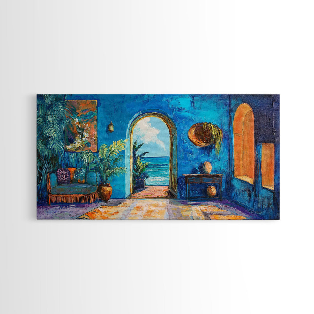 Moroccan Archway, Coastal Decor, Canvas Print, Moroccan Wall Art, Nautical Painting, Coastal Painting, Boho Art, Ocean View