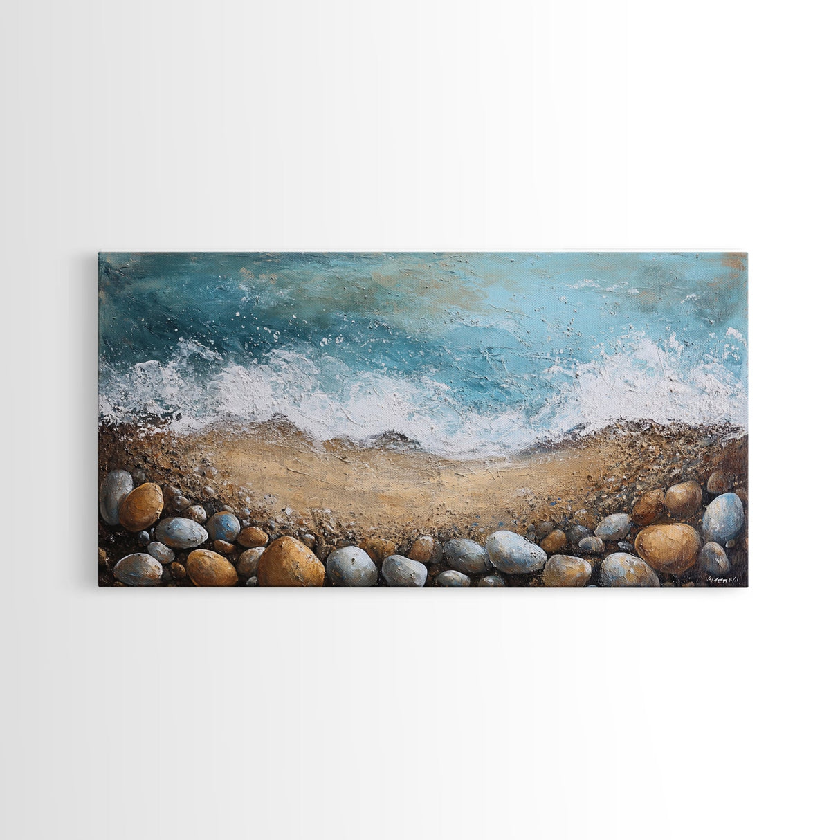 Oyster painting, coastal decor, framed canvas print, seascape painting, nautical wall art, extra wide art, textured beach painting