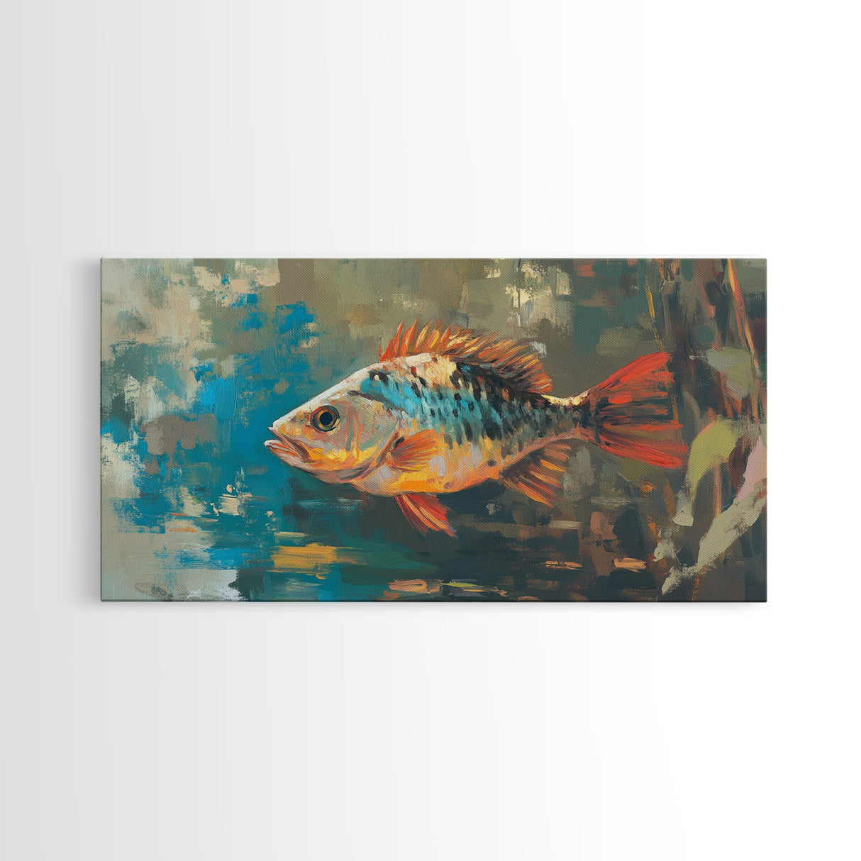 Trout, fish, colorful painting, fisherman painting, rustic wall art, trout art, framed canvas print, extra wide art, gift idea