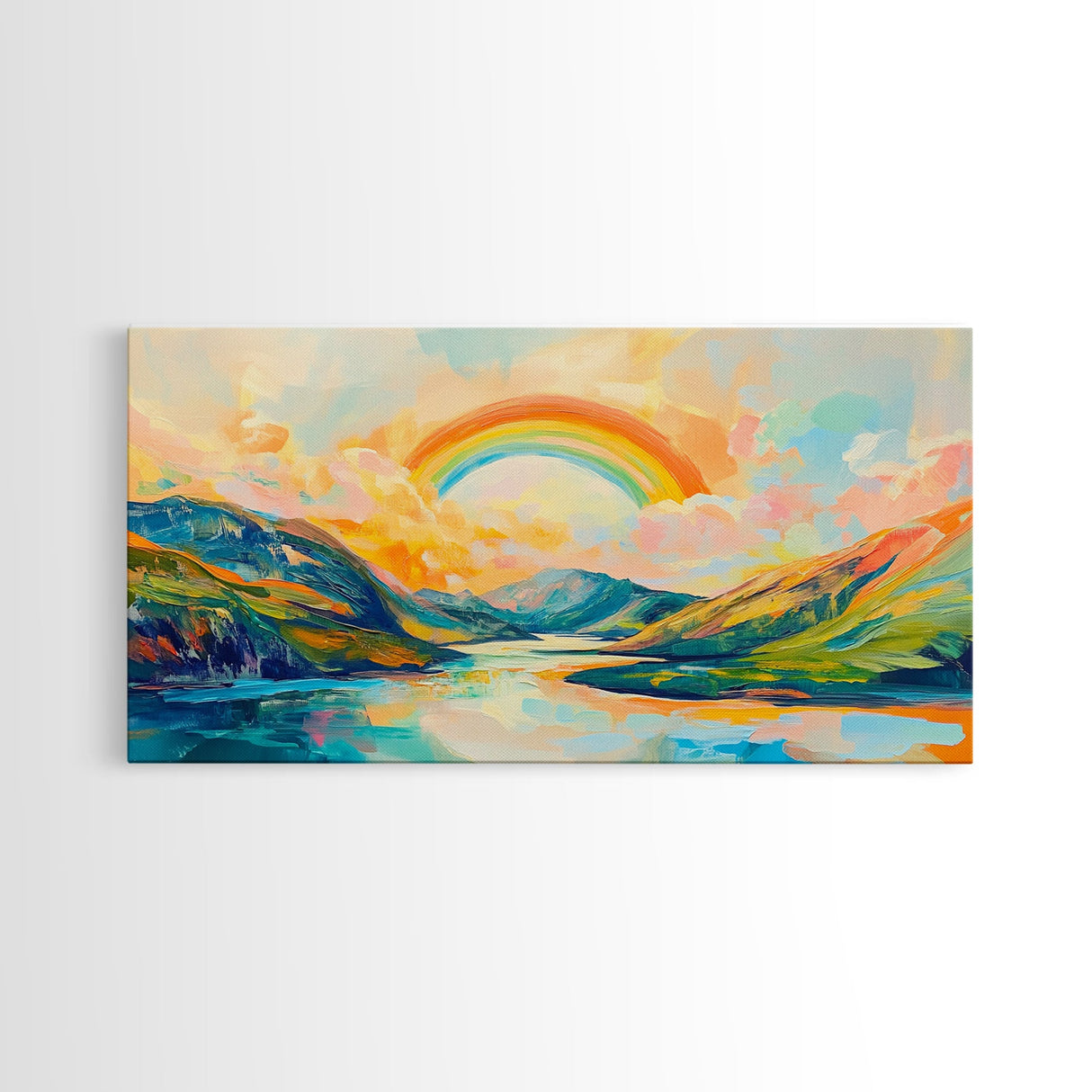Rainbow Over Mountains, landscape painting, panoramic art, framed canvas print, extra wide art, mountain painting, colorful art