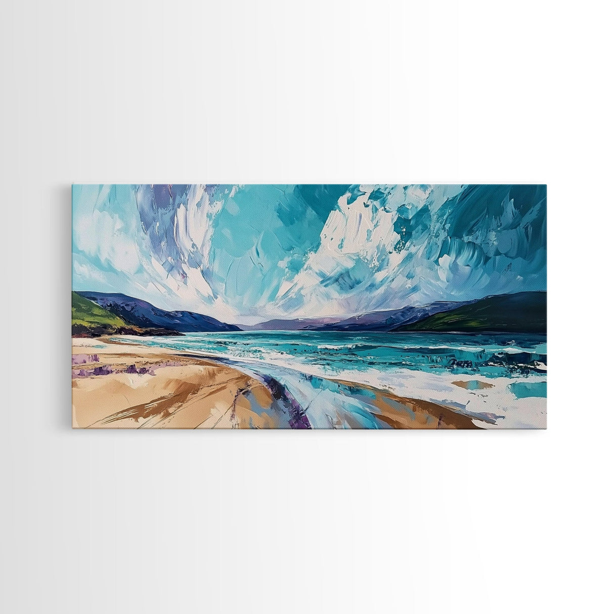 Seascape Painting, coastal landscape art, beach house decor, Ireland painting, blue and green wall art, panoramic art, canvas print