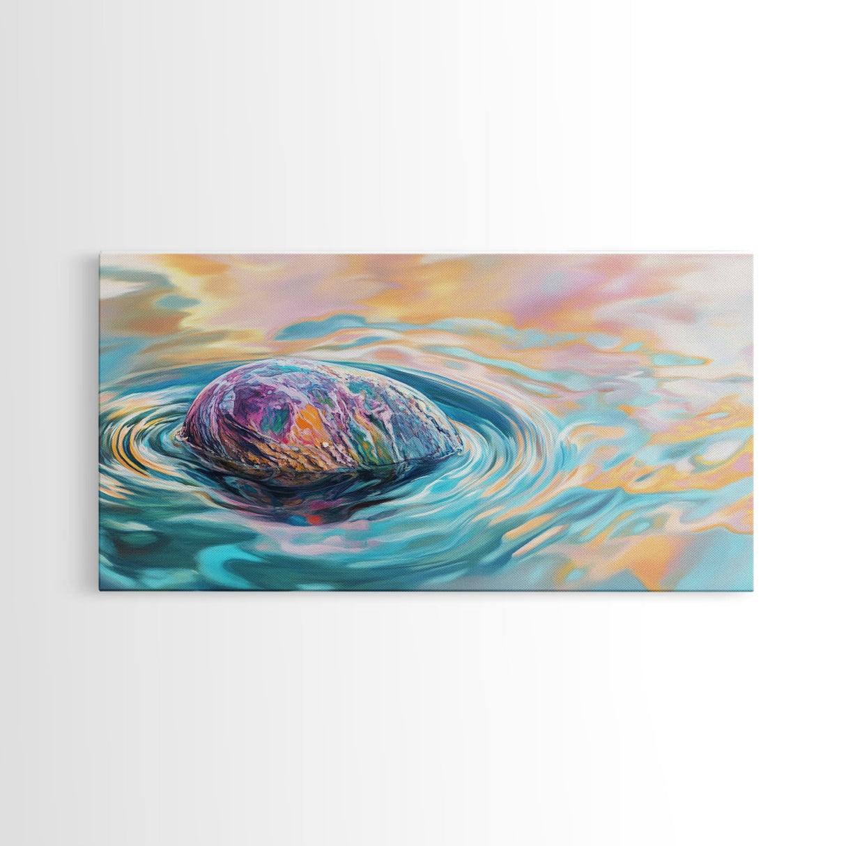 Floating Rock Art, surreal ocean painting, teal wall art, light pink wall art, moody art, nautical wall art, framed canvas print