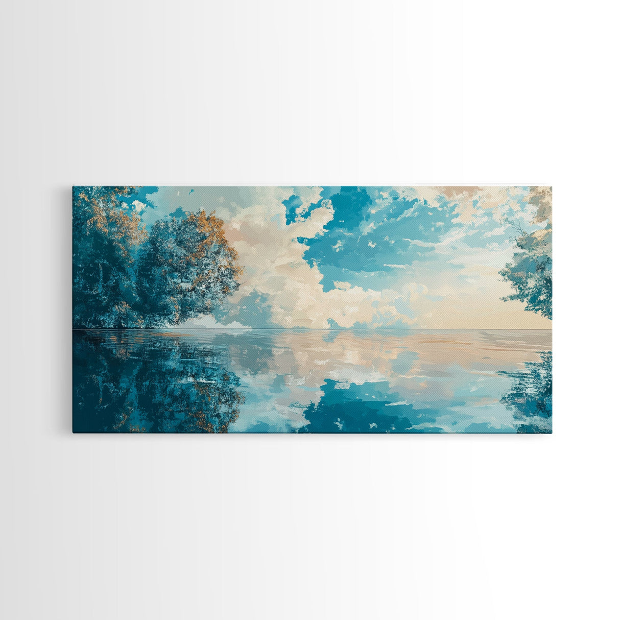 Reflective Lake Art, Tranquil Landscape, Wabi Sabi Art, Framed Canvas Print, Minimalist, Above Bed Wall Art, Panoramic Painting