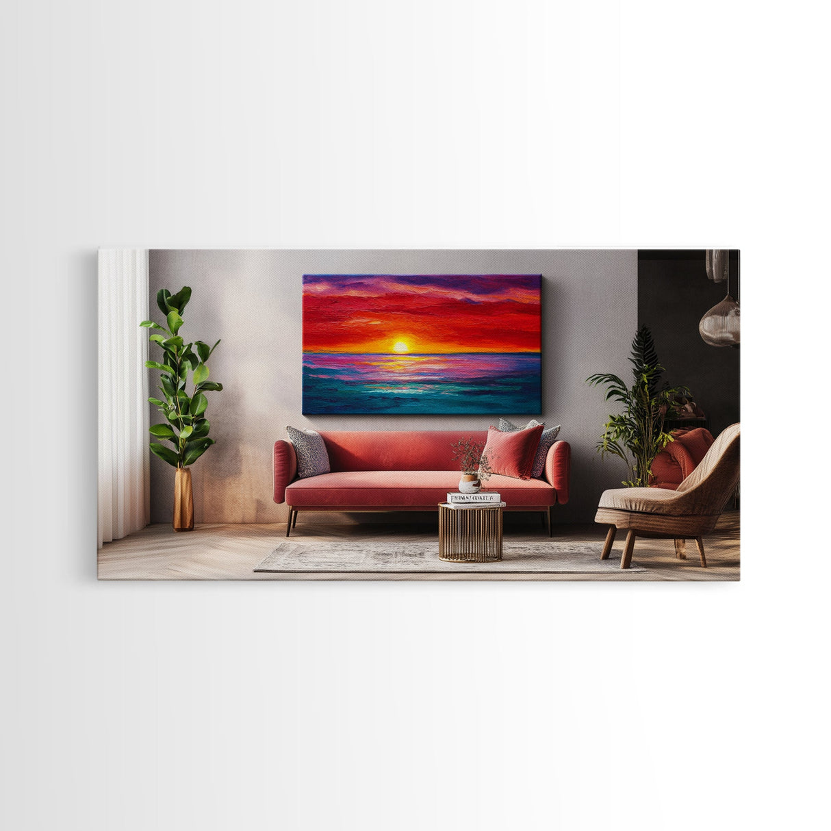 Red Couch, Sunset Painting, Above Sofa Art, Coastal Wall Art, Beach Decor, Panoramic Art, Framed Canvas Print, Living Room Art