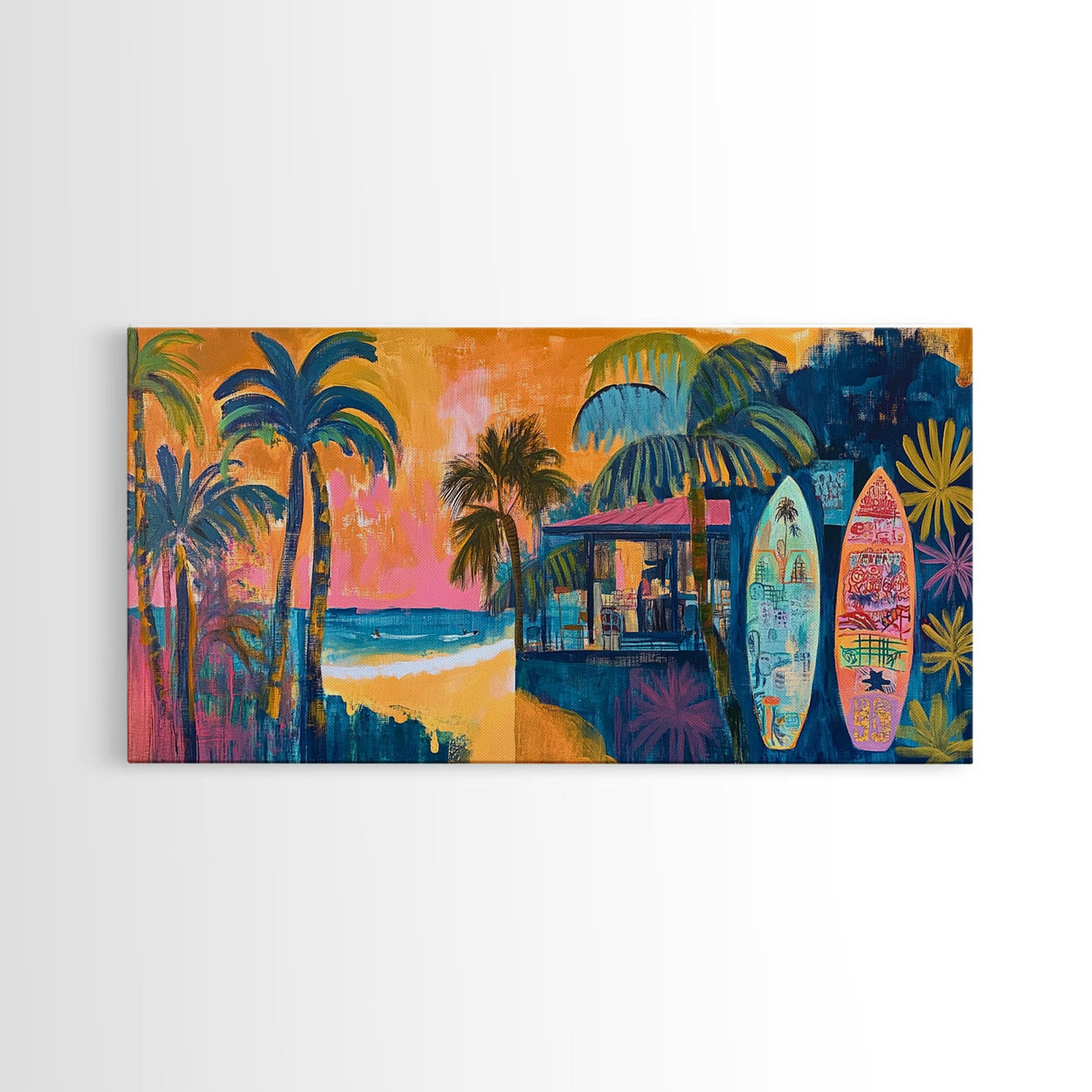 Beach Bar, palm tree painting, surf wall art, coastal decor, nautical wall art, tropical art, above couch art, Canvas Print