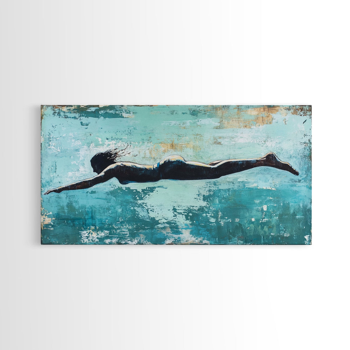 Woman Swimming, teal wall art, moody art, minimalist art, extra wide art, coastal decor, beach house art, Canvas Print