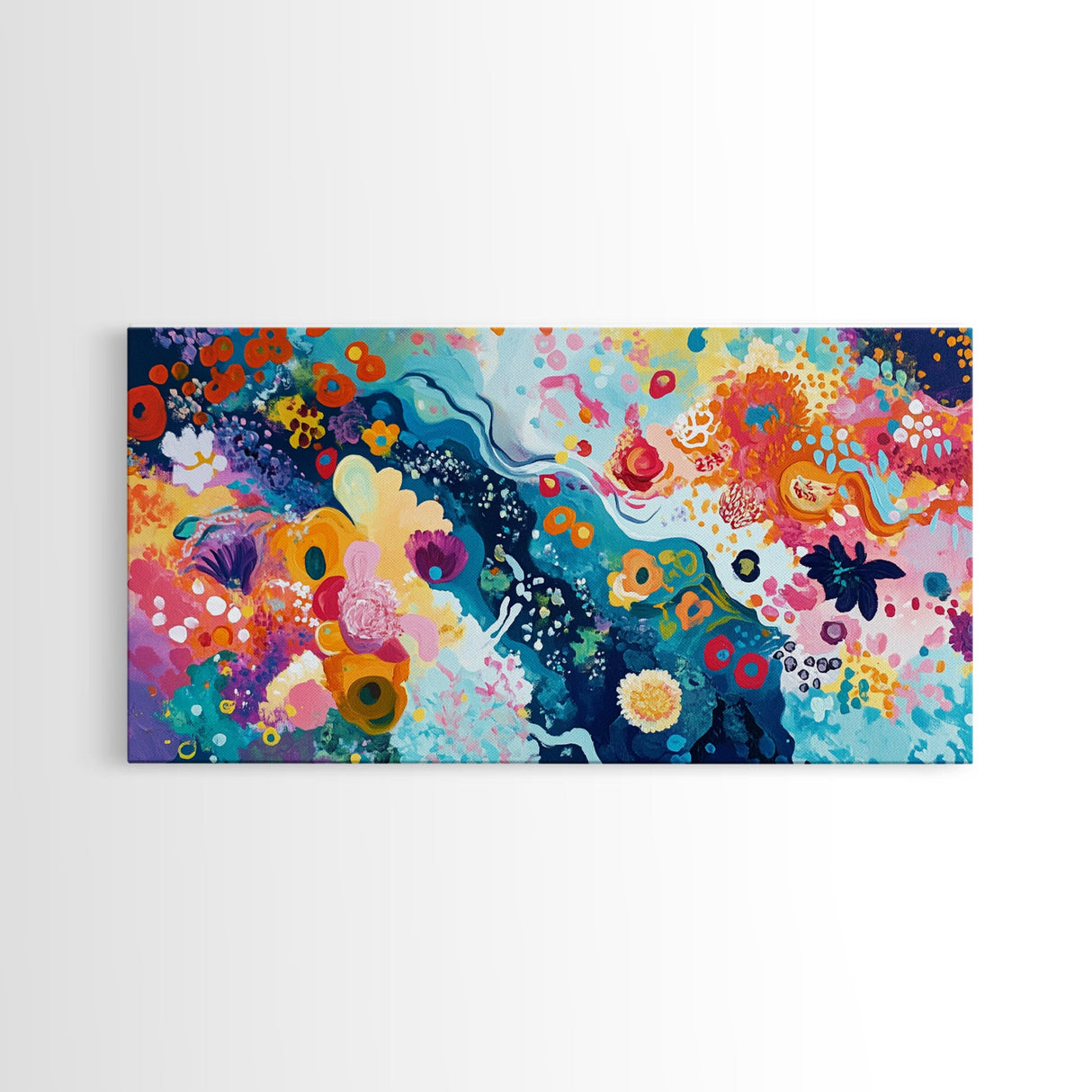 Floral abstract, whimsical art, colorful wildflowers, framed canvas print, botanical prints, pink orange wall art