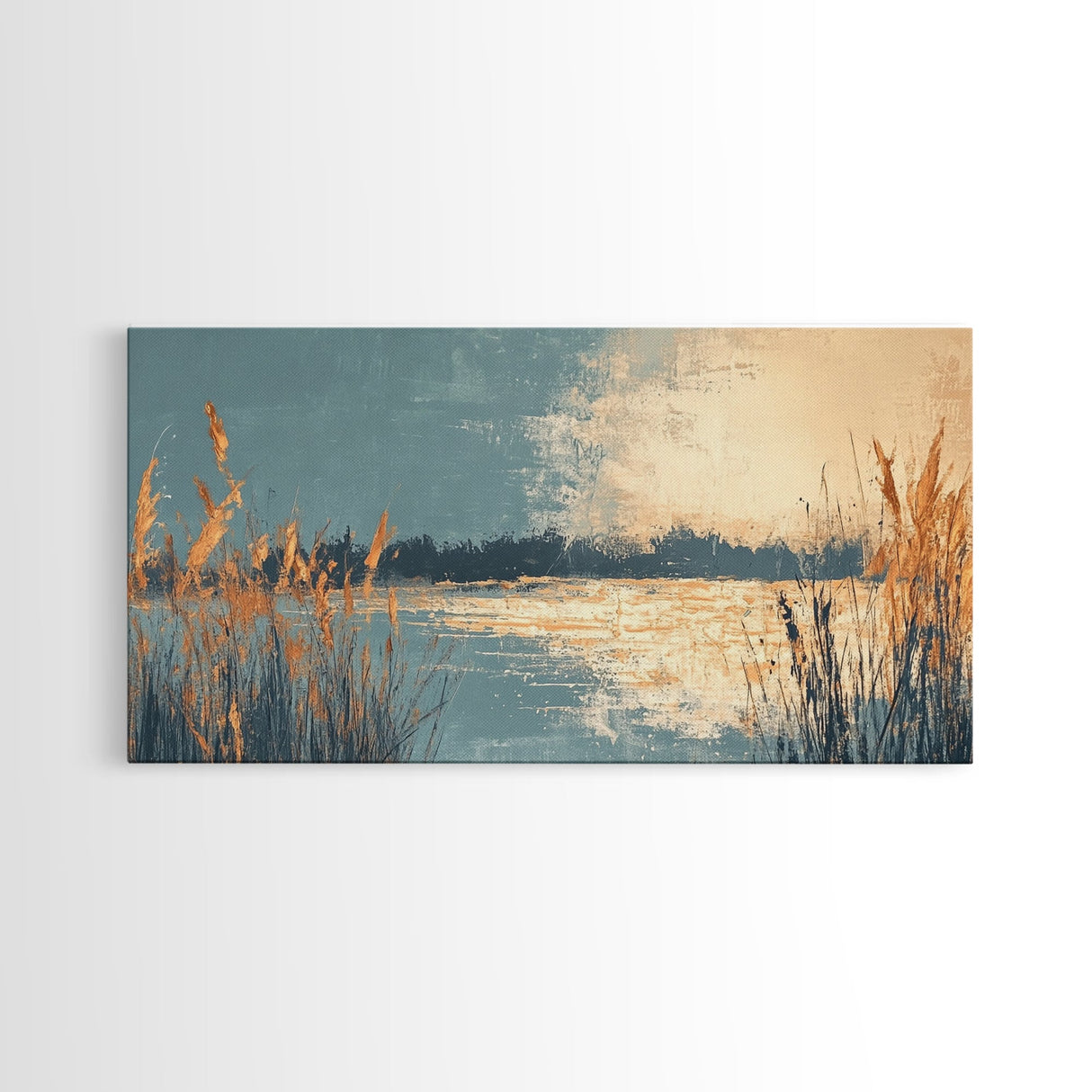 Marsh Landscape, Canvas Print, wabi sabi art, extra wide painting, panoramic wall art, minimalist landscape, soft neutral tones