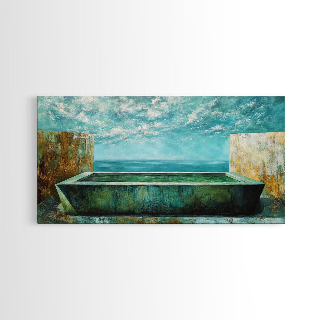 Infinity Pool, Canvas Print, modern landscape art, minimalist decor, extra wide painting, blue and green wall art, contemporary art