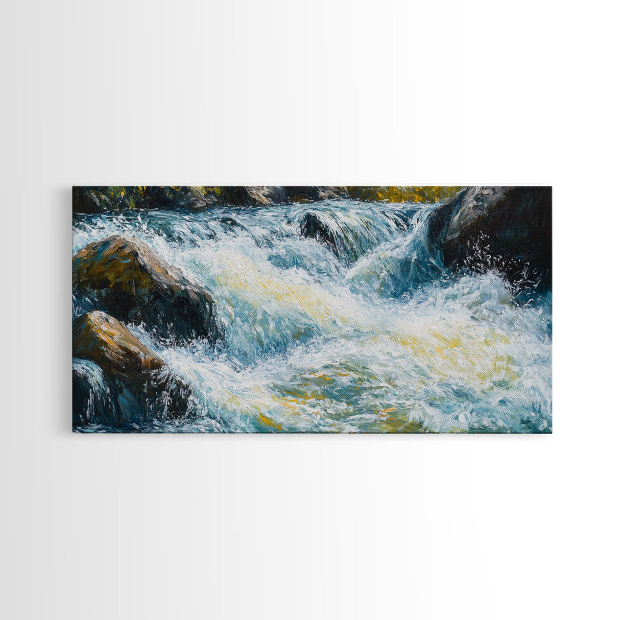 Waterfall, rushing stream, Canvas Print, landscape painting, above couch art, extra wide art, nature art, mountain painting