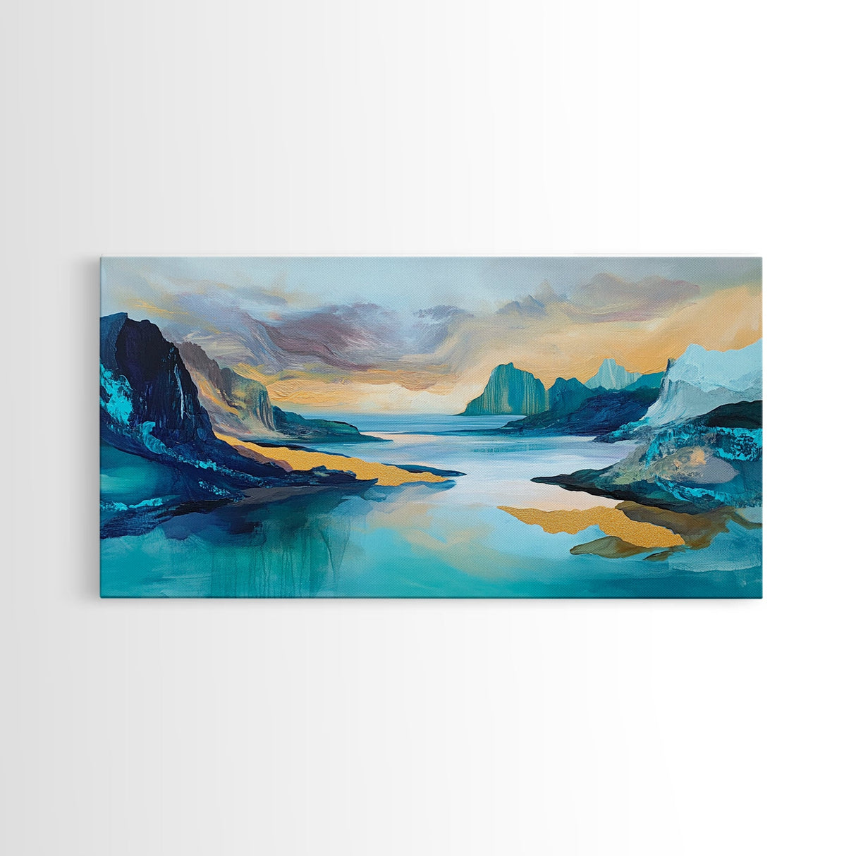 Serene Fjord, mountain painting, lake Tahoe art, blue and green wall art, panoramic painting, extra wide art, Framed Canvas Print, above sofa art