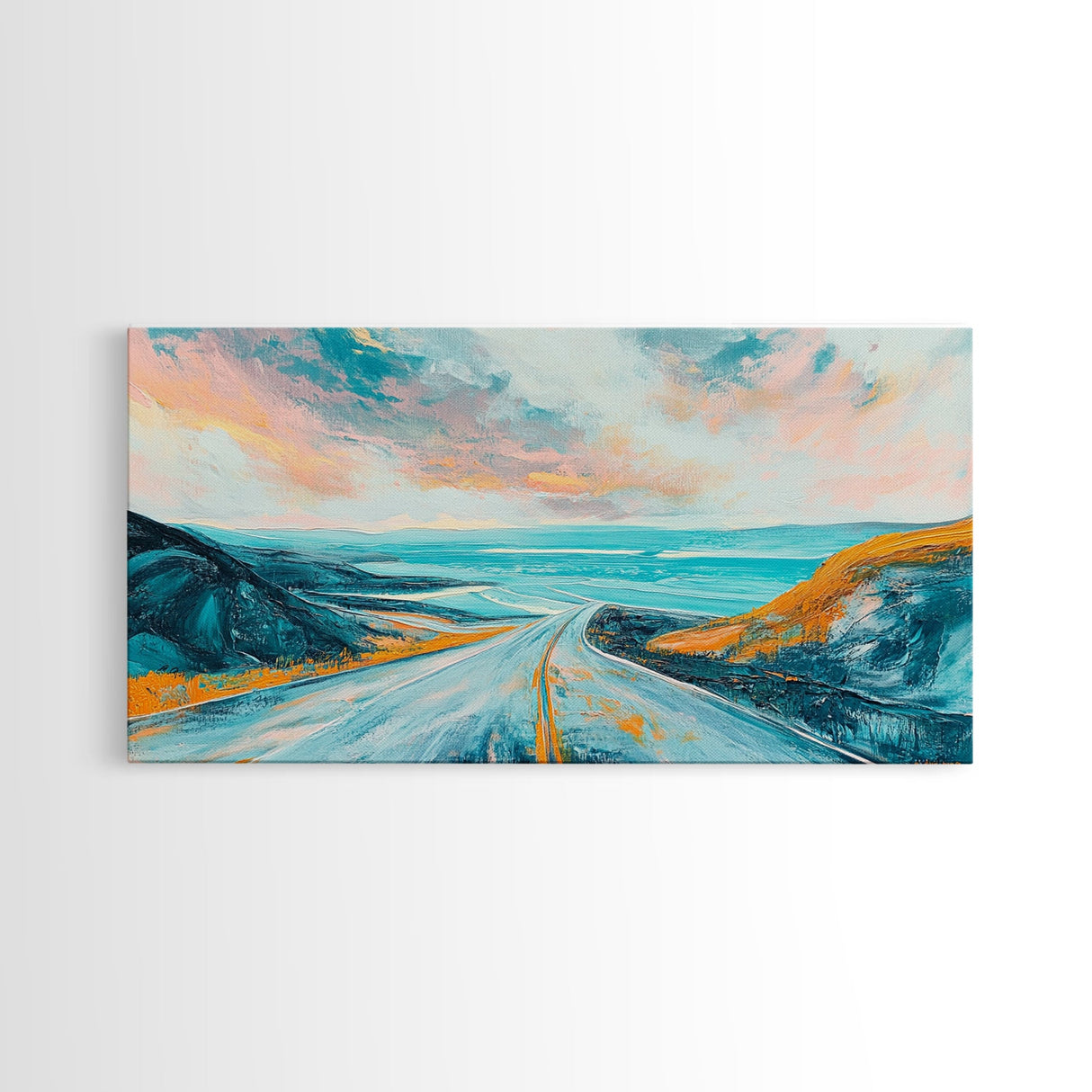 Open Road, Ocean View Highway, Coastal Landscape, Nautical Painting, Lake Tahoe Art, Panoramic Art, Canvas Print, Horizontal Art