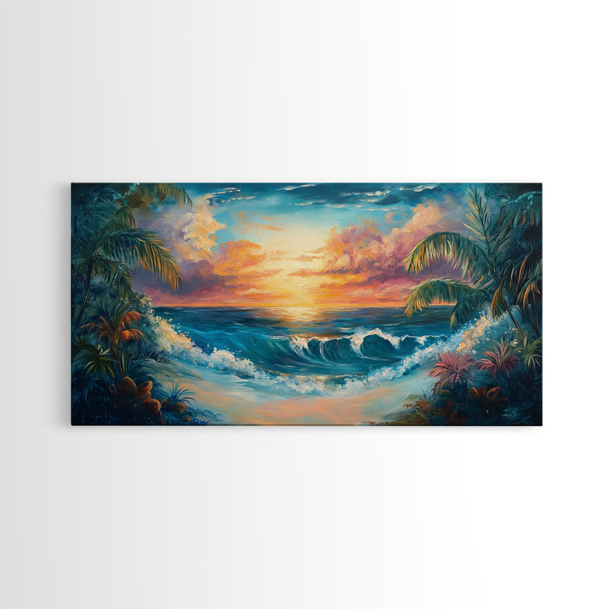 Tropical Waves, palm tree painting, Hawaii art, seascape painting, coastal decor, ocean painting, beach waves, Framed Canvas Print
