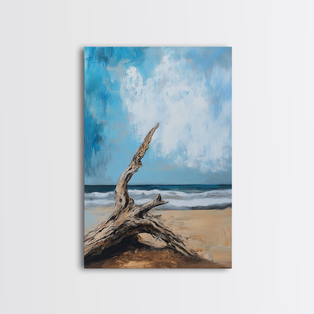 Driftwood, coastal landscape art, rustic decor, farmhouse art, framed canvas print, seascape painting, nautical decor, ocean art