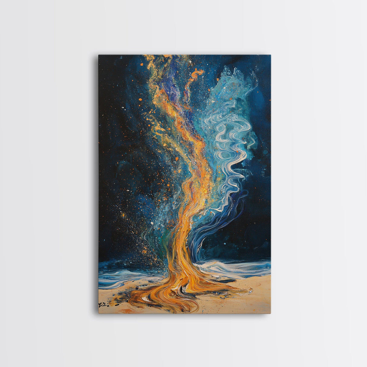 Fire and water, moody art, sacred geometry wall art, phoenix metal art, framed canvas print, abstract cosmic painting, mystical decor
