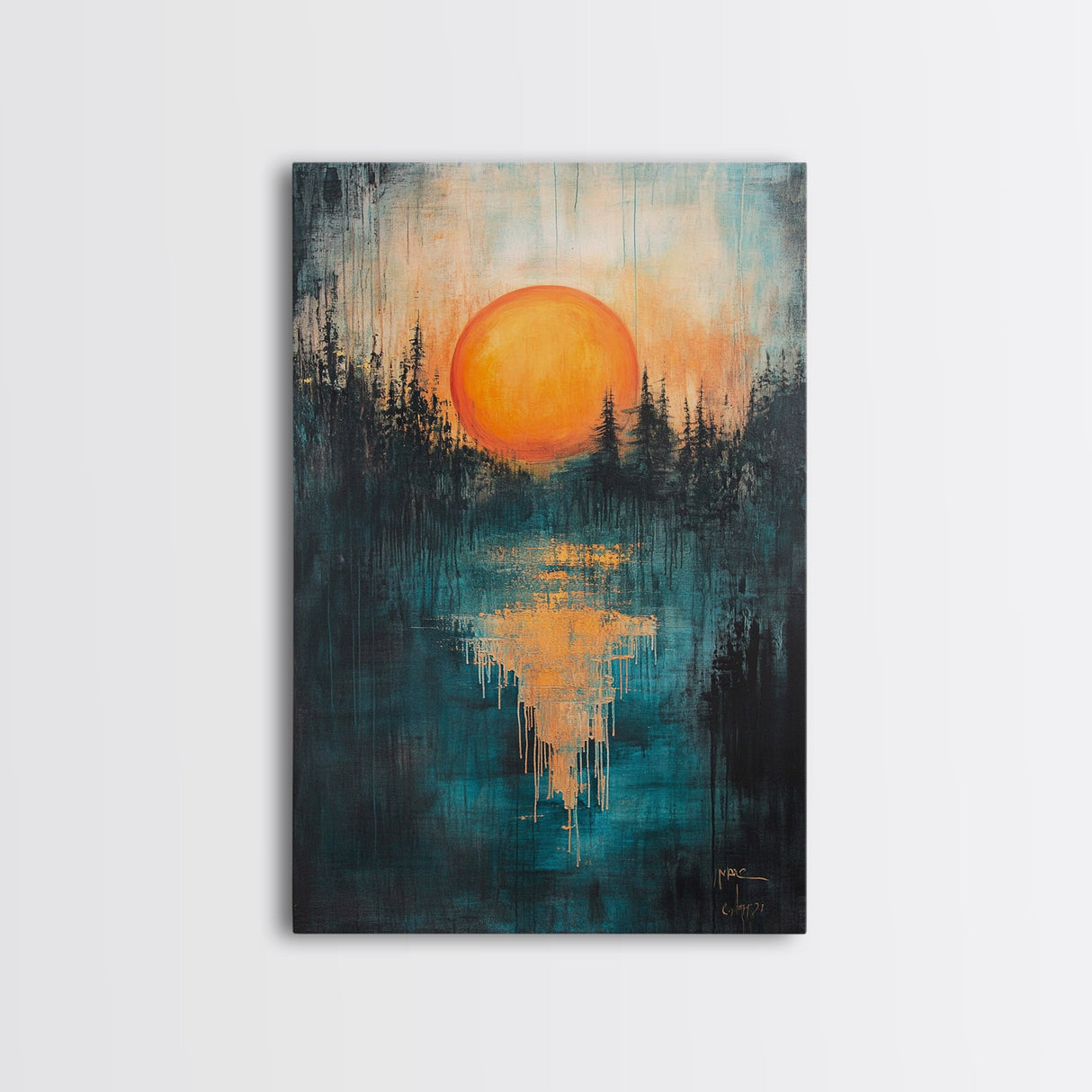 Sunset Over Water, Forest at Dusk Painting, Moody Landscape, Warm Glow Art, Nature Wall Art, Rustic Decor, Canvas Print