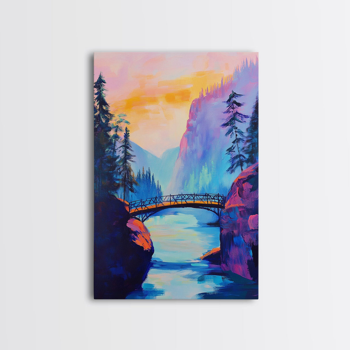 Vibrant Mountain Bridge, pink orange wall art, forest at dusk painting, landscape painting, above bed wall art, Canvas Print