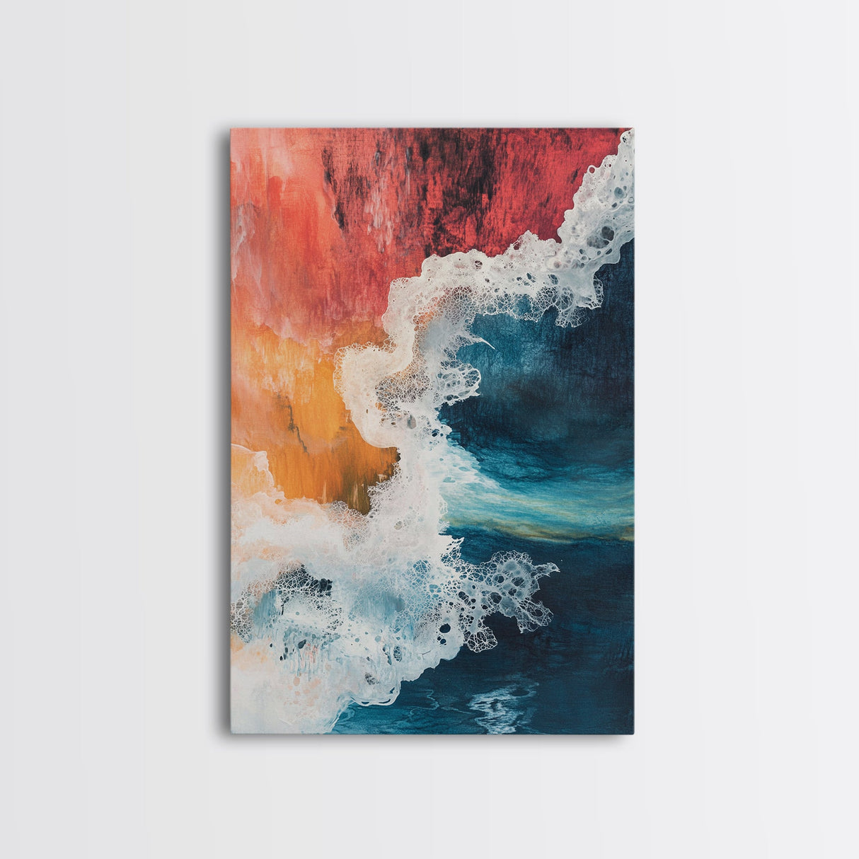 Fiery Ocean Wave, pink orange wall art, coastal landscape art, teal wall art, moody art, ocean abstract art, Framed Canvas Print