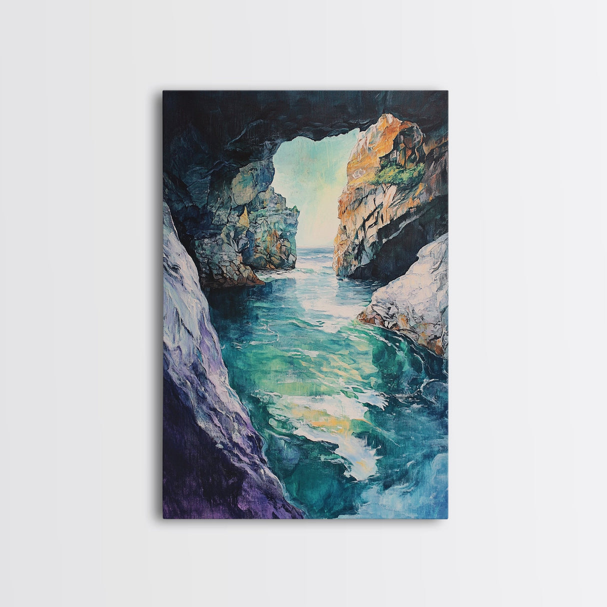 Hidden Sea Cave, nautical wall art, coastal decor, rustic wall art, moody art, Canvas Print, extra wide panoramic art