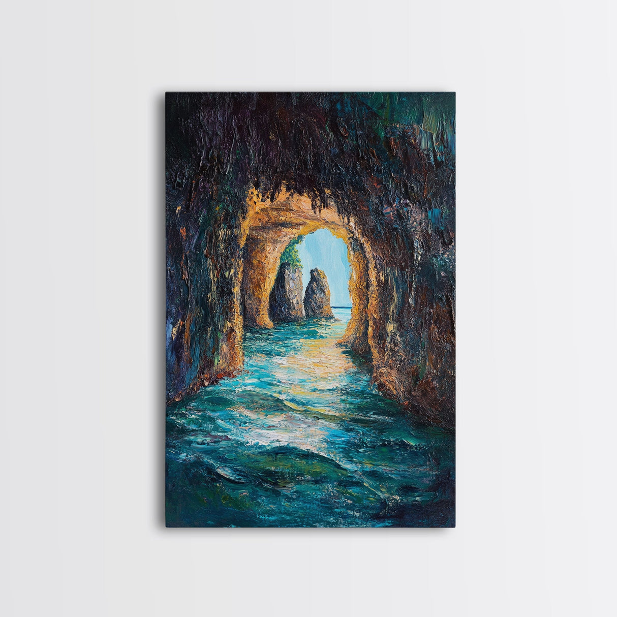 Sunlit Ocean Grotto, seascape painting, nautical painting, tropical wall art, blue and green wall art, Framed Canvas Print