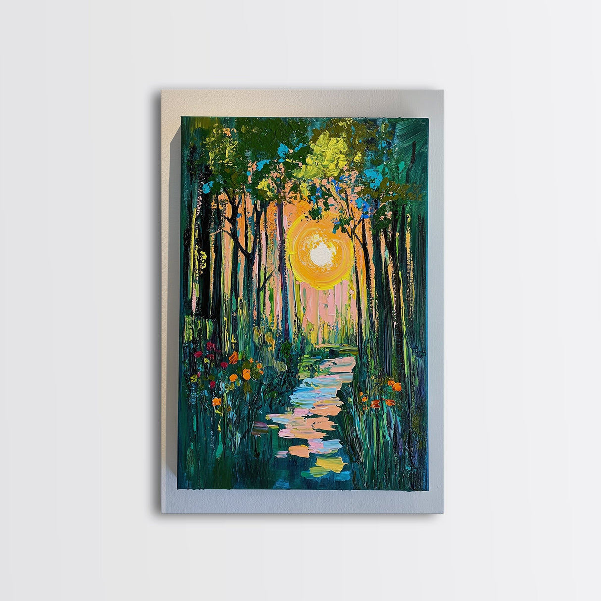 Forest Sunrise Path, wildflower painting, forest at dusk painting, wabi sabi wall art, whimsical art, Canvas Print
