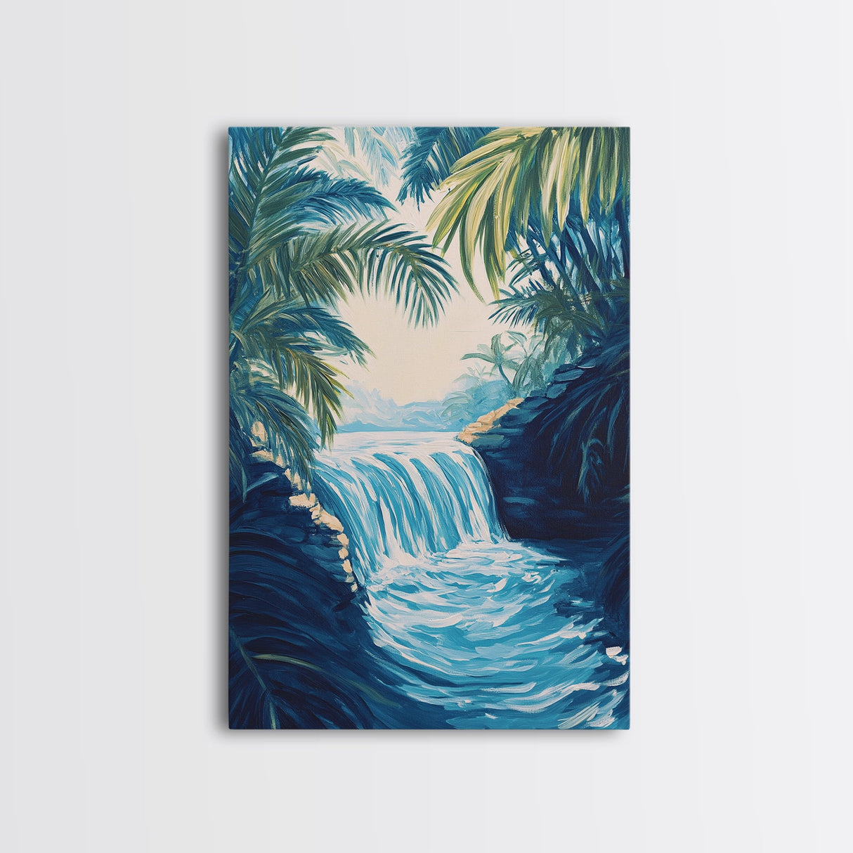 Jungle Waterfall View, tropical landscape painting, botanical prints, blue and green wall art, canvas print, extra wide art