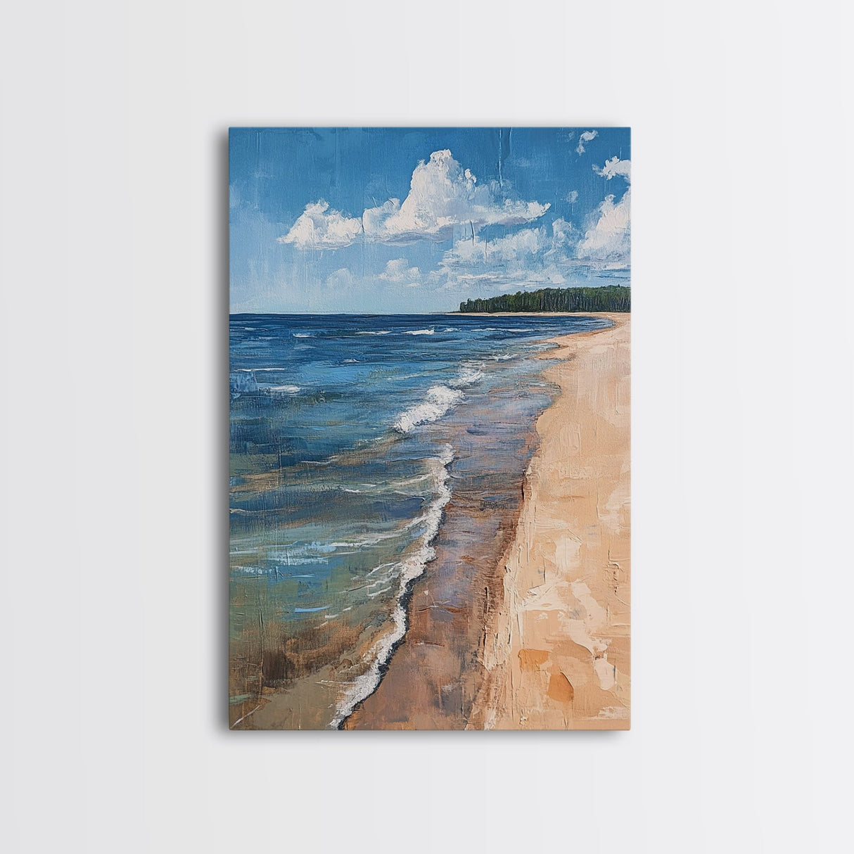 Sandy Beach Shoreline, Coastal Landscape Art, Nautical Decor, Ocean Painting, Seascape Wall Art, Beach House Art, Canvas Print