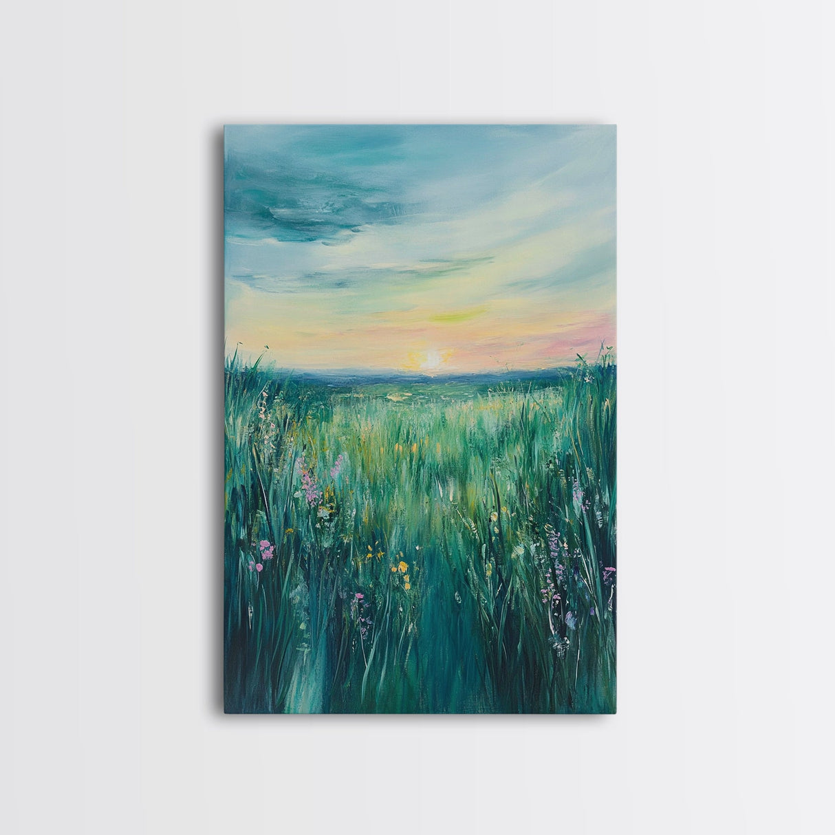 Wildflower Field, wildflower painting, botanical prints, pink orange wall art, bedroom art, Framed Canvas Print, farmhouse art