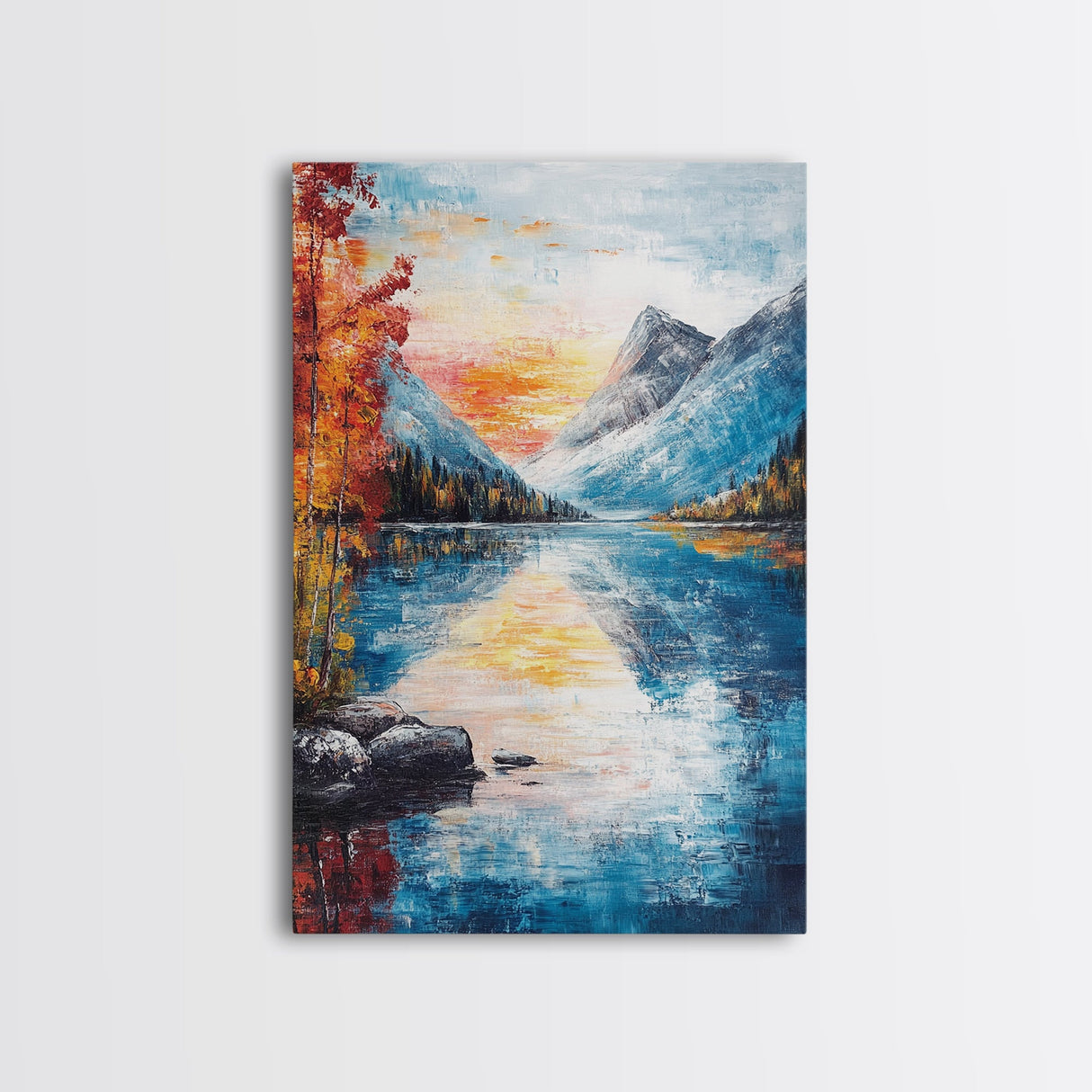 mountain painting, fall art, lake Tahoe art, coastal decor, smoky mountain art, above bed wall art, Framed Canvas Print, landscape painting