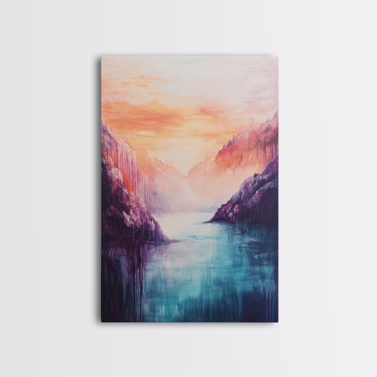 coastal decor, mountain painting, pink orange wall art, sunrise painting, landscape painting, Framed Canvas Print, abstract wall art