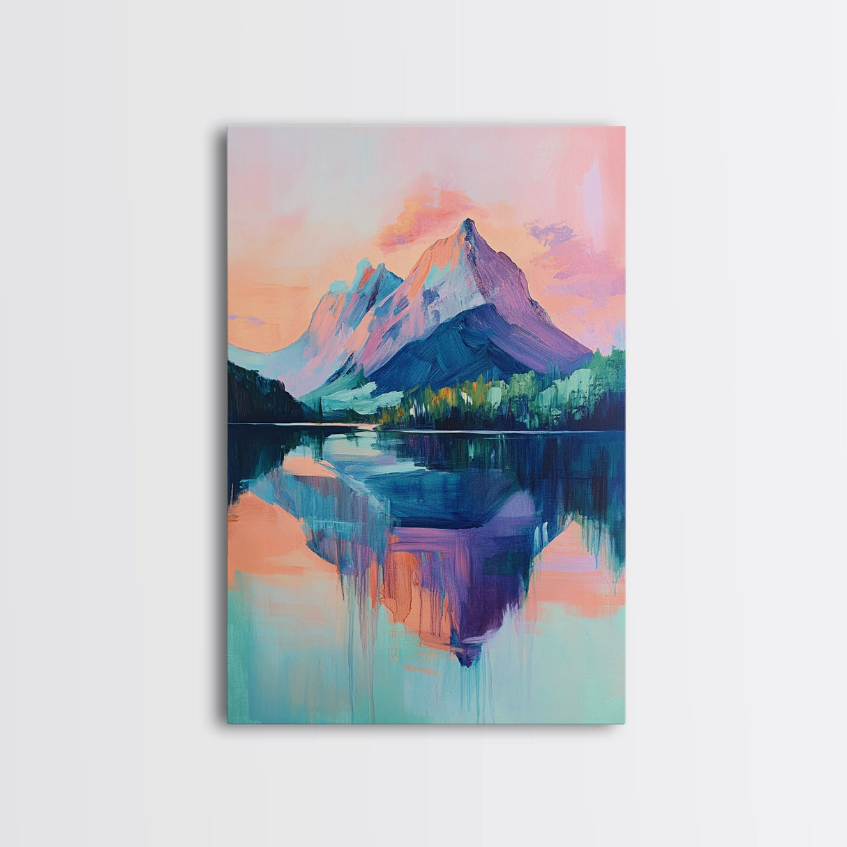 landscape painting, pink orange wall art, sunrise painting, modern art, extra wide art, panoramic art, Framed Canvas Print, moody art