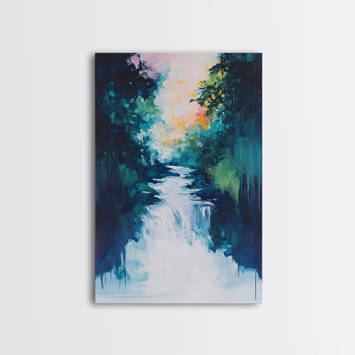Waterfall Painting, Moody Art, Coastal Landscape Art, Framed Canvas Print, Above Sofa Art, Living Room Art, Vertical Wall Art