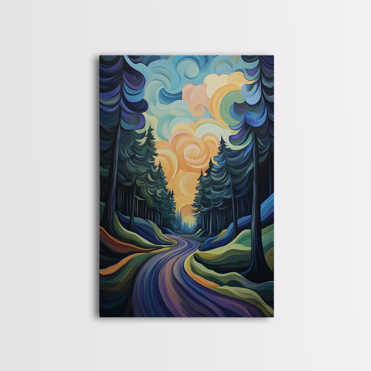 Fantasy Forest, pine tree art, forest at dusk painting, smoky mountain art, Canvas Print, moody art, tall skinny art, guest room art