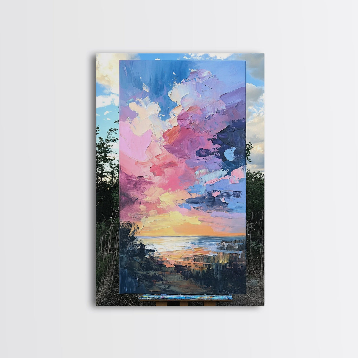 Sunset Beach, seascape painting, coastal wall art, nautical decor, panoramic painting, above bed wall art, framed canvas print