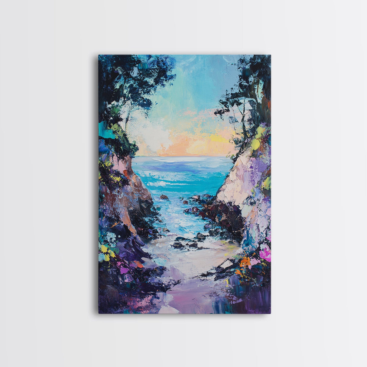 Coastal Cove, seascape painting, coastal decor, nautical wall art, blue and green wall art, framed canvas print, guest room art