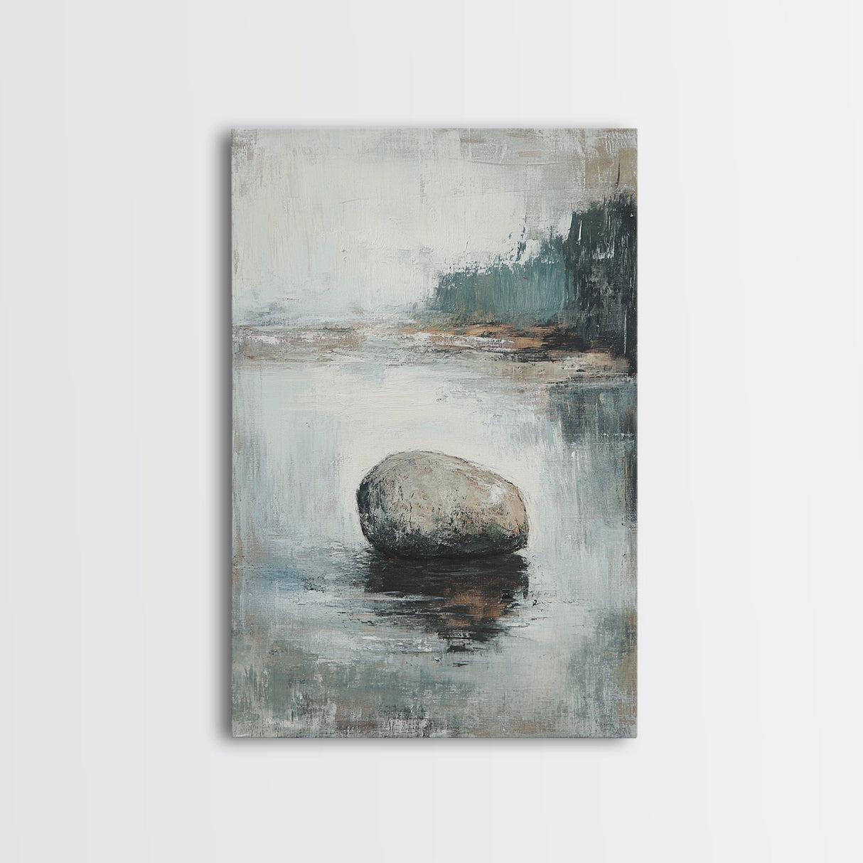 Serene River Rock Canvas Print Nature Inspired Wall Art, Minimalist Landscape Painting, Zen Decor, Neutral Tones, Living Room Artwork