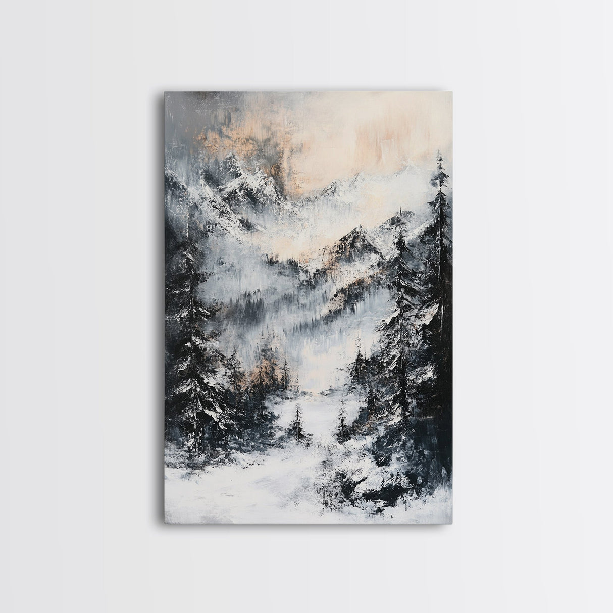 Snowy Mountain Scene Canvas Print Winter Wonderland Wall Art, Alpine Landscape Painting, Cozy Cabin Decor, Neutral Holiday Artwork
