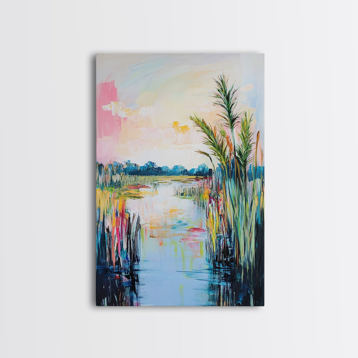 Lakeside Serenity Framed Canvas Print | Nature Landscape Painting | Peaceful Water Reflection Art | Boho Wall Decor | Pastel Colors