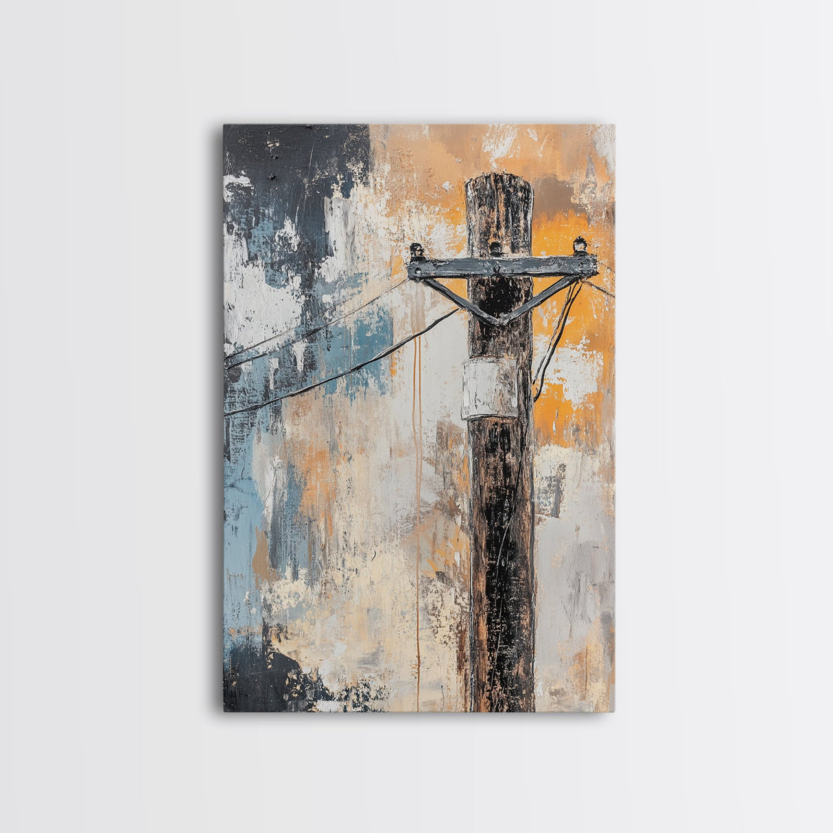 Rustic Telephone Pole Framed Canvas Print Industrial Wall Art, Urban Grunge Decor, Abstract Cityscape Painting, Modern Office Artwork