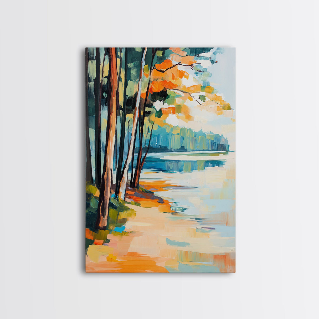 Lakeside Forest Art Framed Canvas Print Autumn Landscape Painting Serene Nature Wall Decor Warm Cozy Home Aesthetic Rustic Living Room